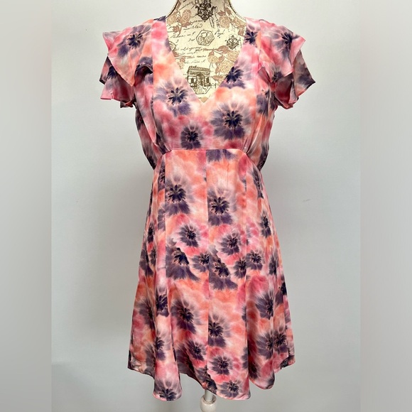 🛍️PARKER Pink abstract floral print flutter sleeve‎ dress size 6. - Picture 1 of 15
